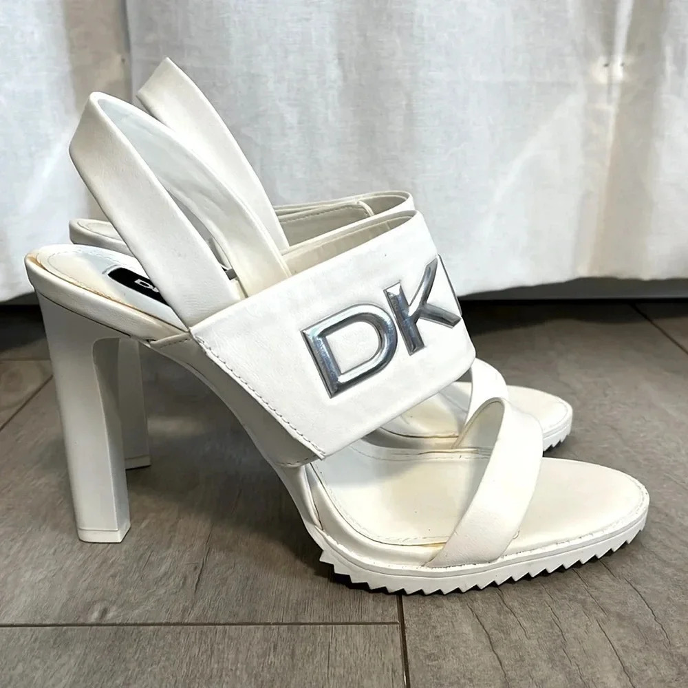 DKNY White and Silver High Heel Slingback Sandals, Size 8
